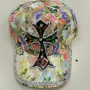 Hat with Rhinestone cross on the front