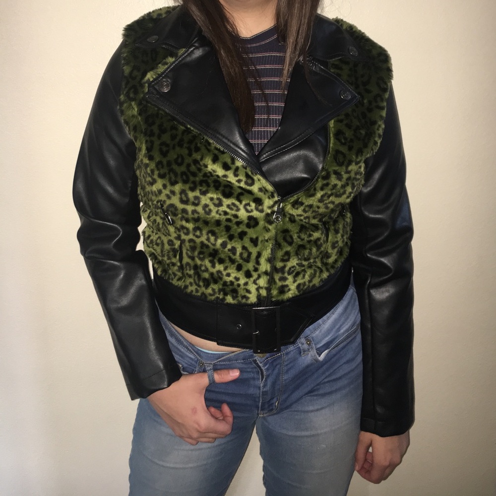 DOLLHOUSE GREEN LEOPARD MOTO JACKET