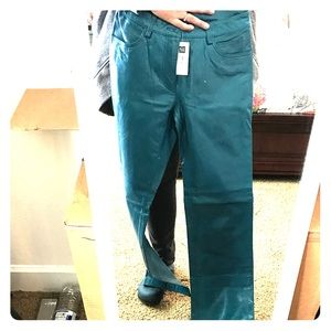 Teal blue leather boot cut pants