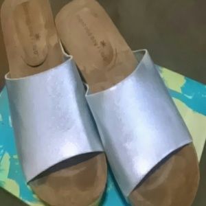 Silver and cork platform slides mules