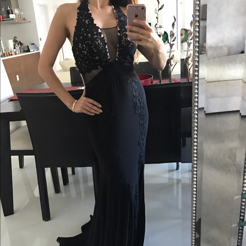 Prom special event evening black lace dress gown