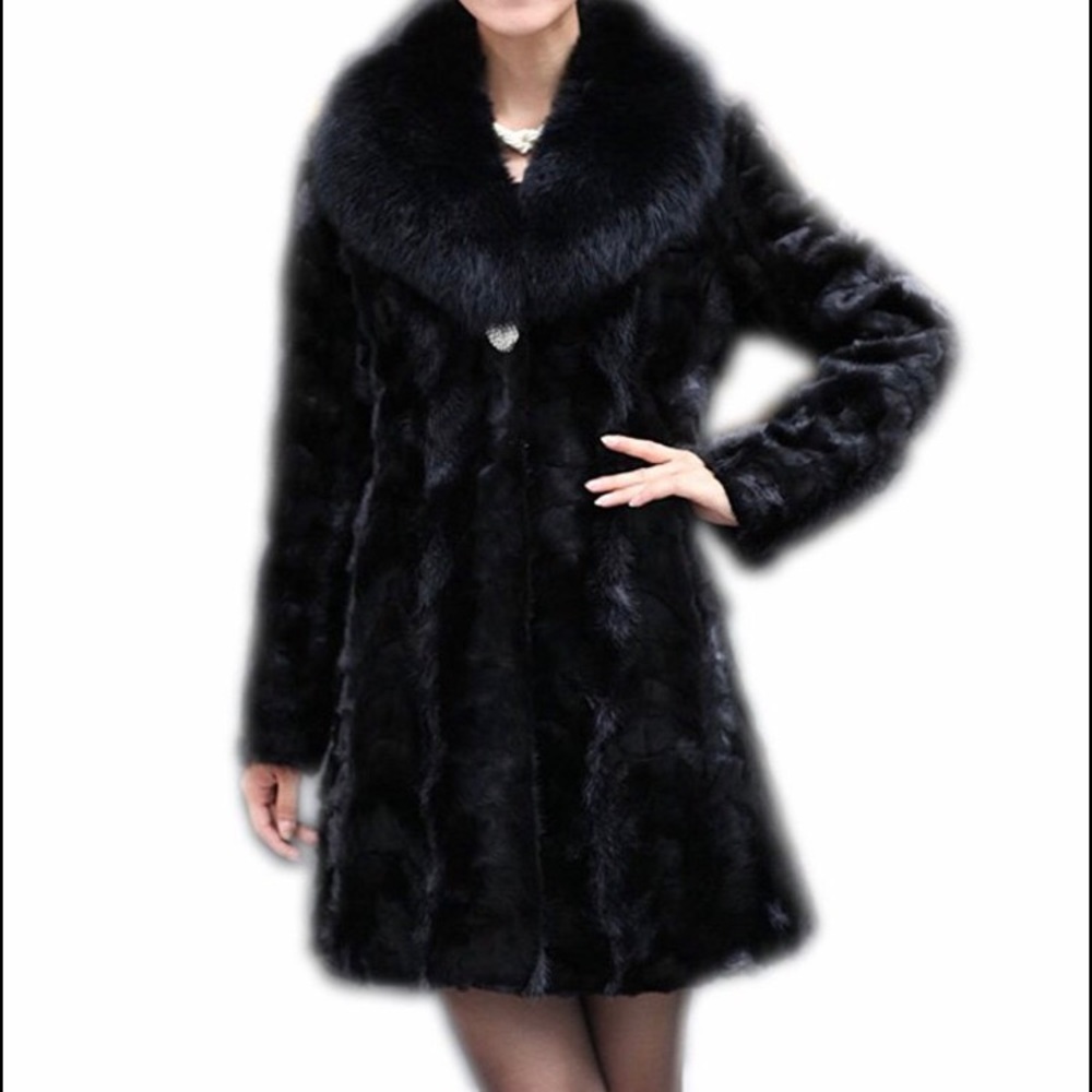 Real Mink Fox Collar Fur Coat - Woman's 3/4 length