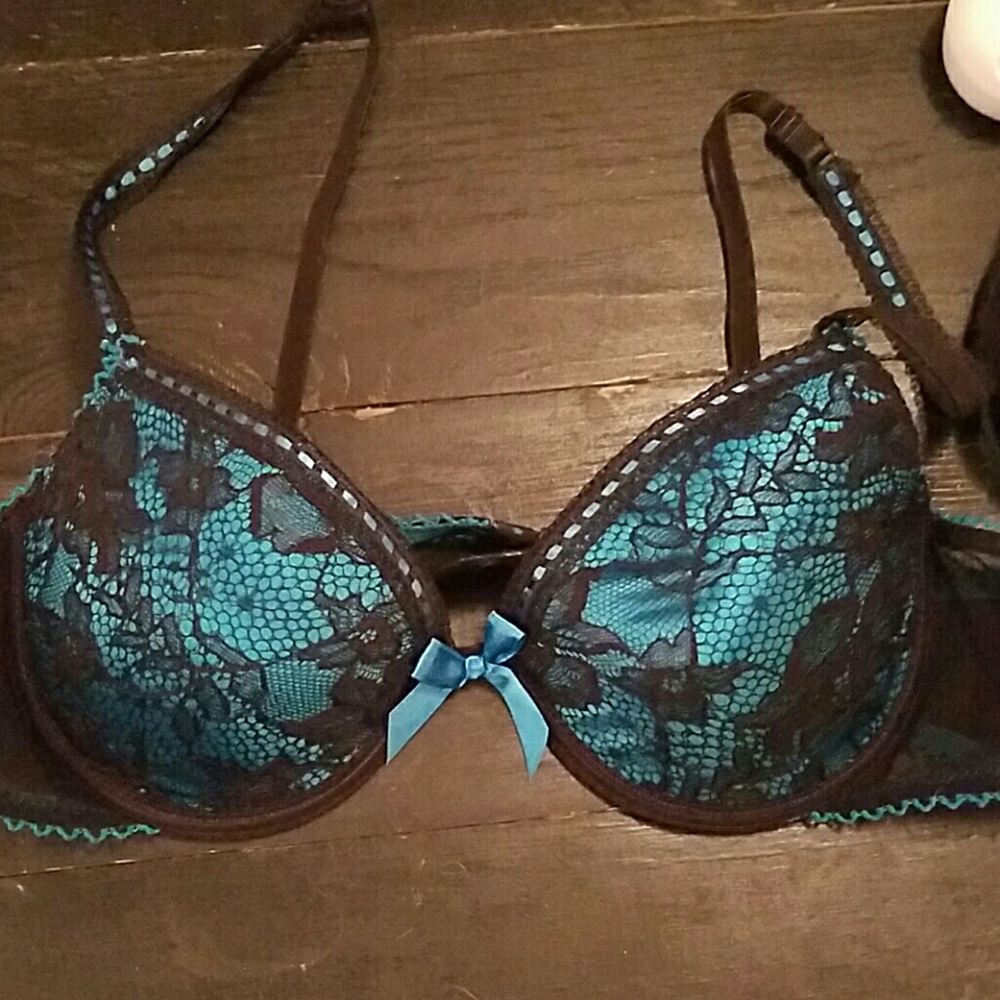 Blue and black lace bra