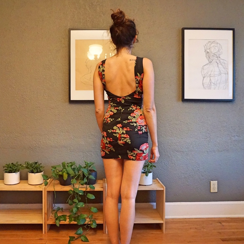 Rose mini dress with low cut back