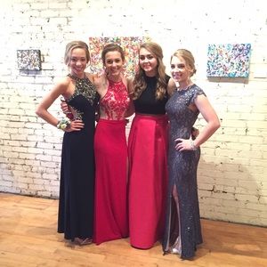 Long sleek black and pink prom dress