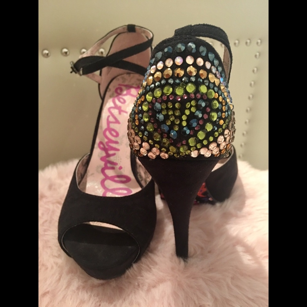 Betsey Johnson Black Suede and Crystal Heels
