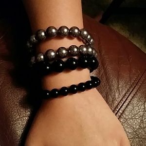 Beaded stretchable bracelets.