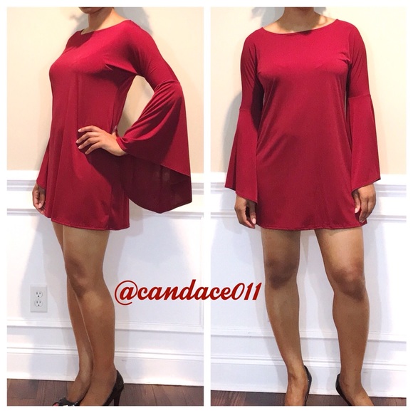 Burgundy Bell Sleeved Mini Dress - Picture 2 of 5