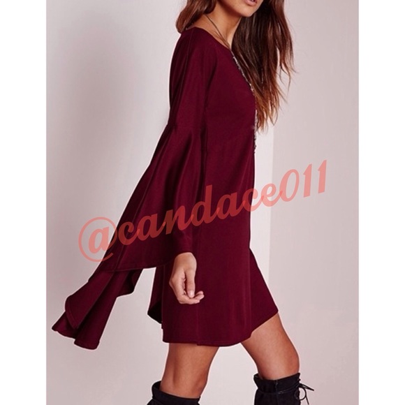 Burgundy Bell Sleeved Mini Dress - Picture 3 of 5