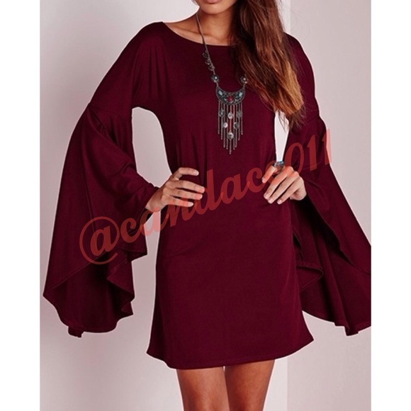 Burgundy Bell Sleeved Mini Dress - Picture 4 of 5