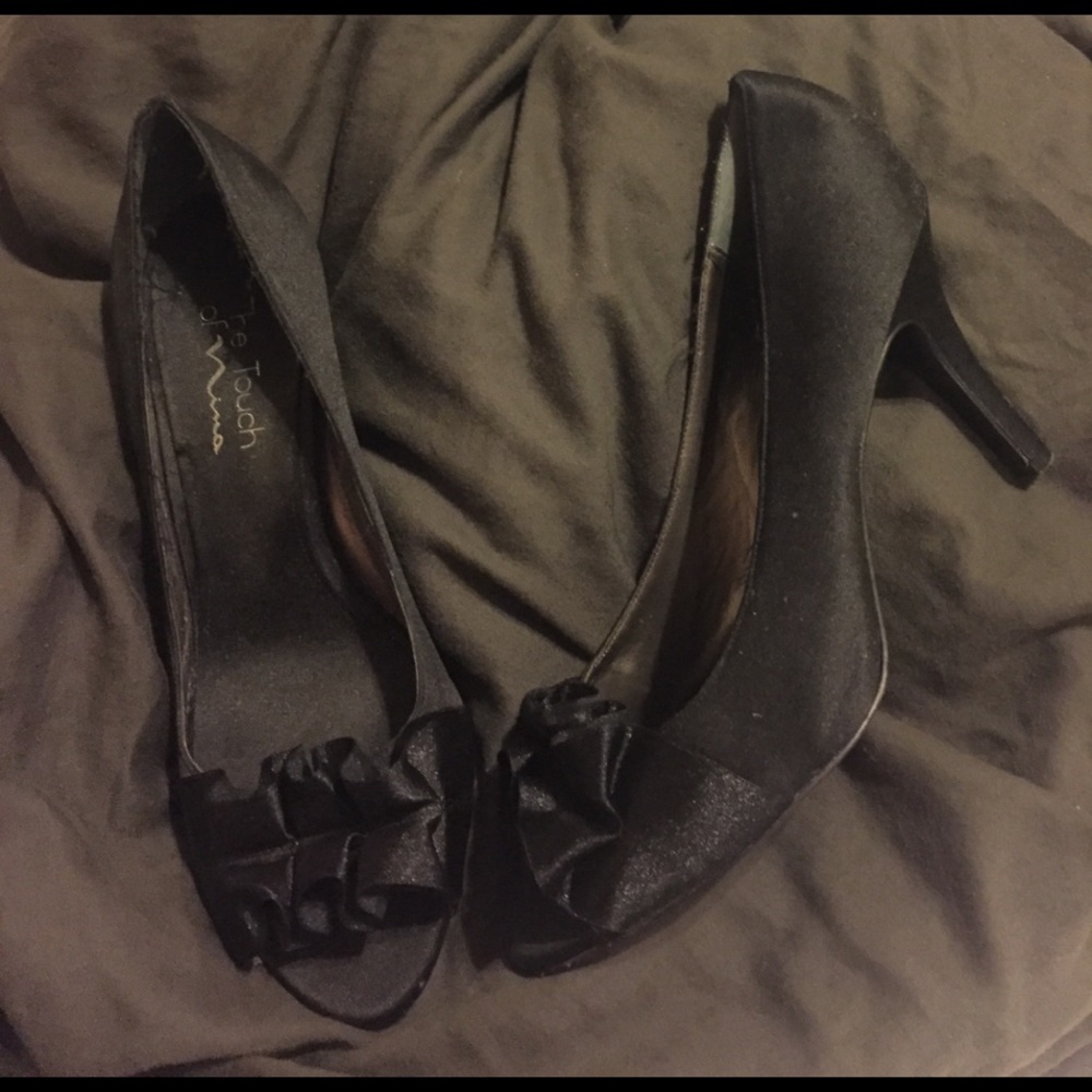 black satin peep toes with ruffle detail