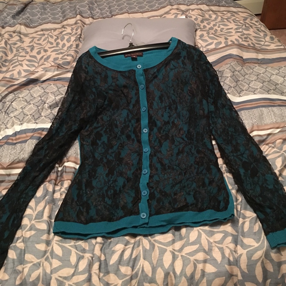 Turquoise and black lace Dana Buchman cardigan.