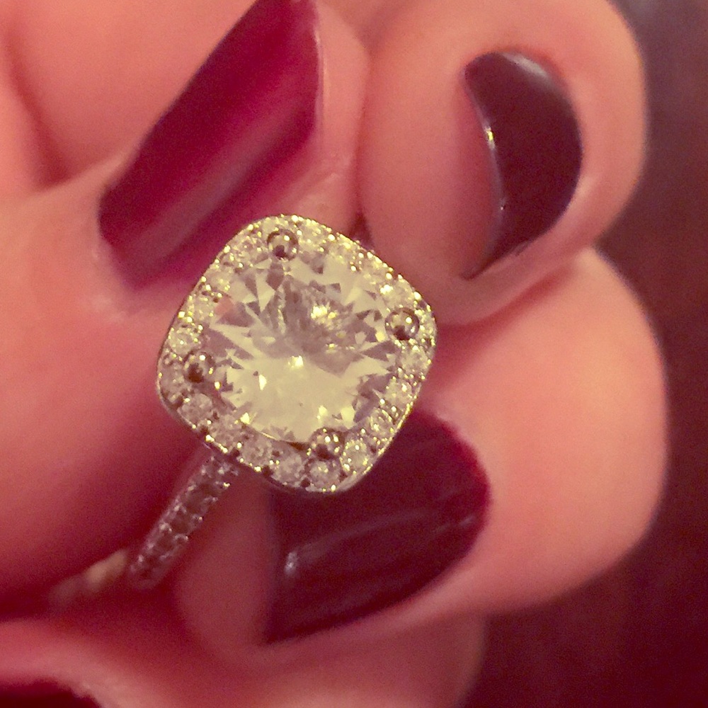 Silver Round Cut CZ Diamond Square Halo Ring Sold - Picture 1 of 8