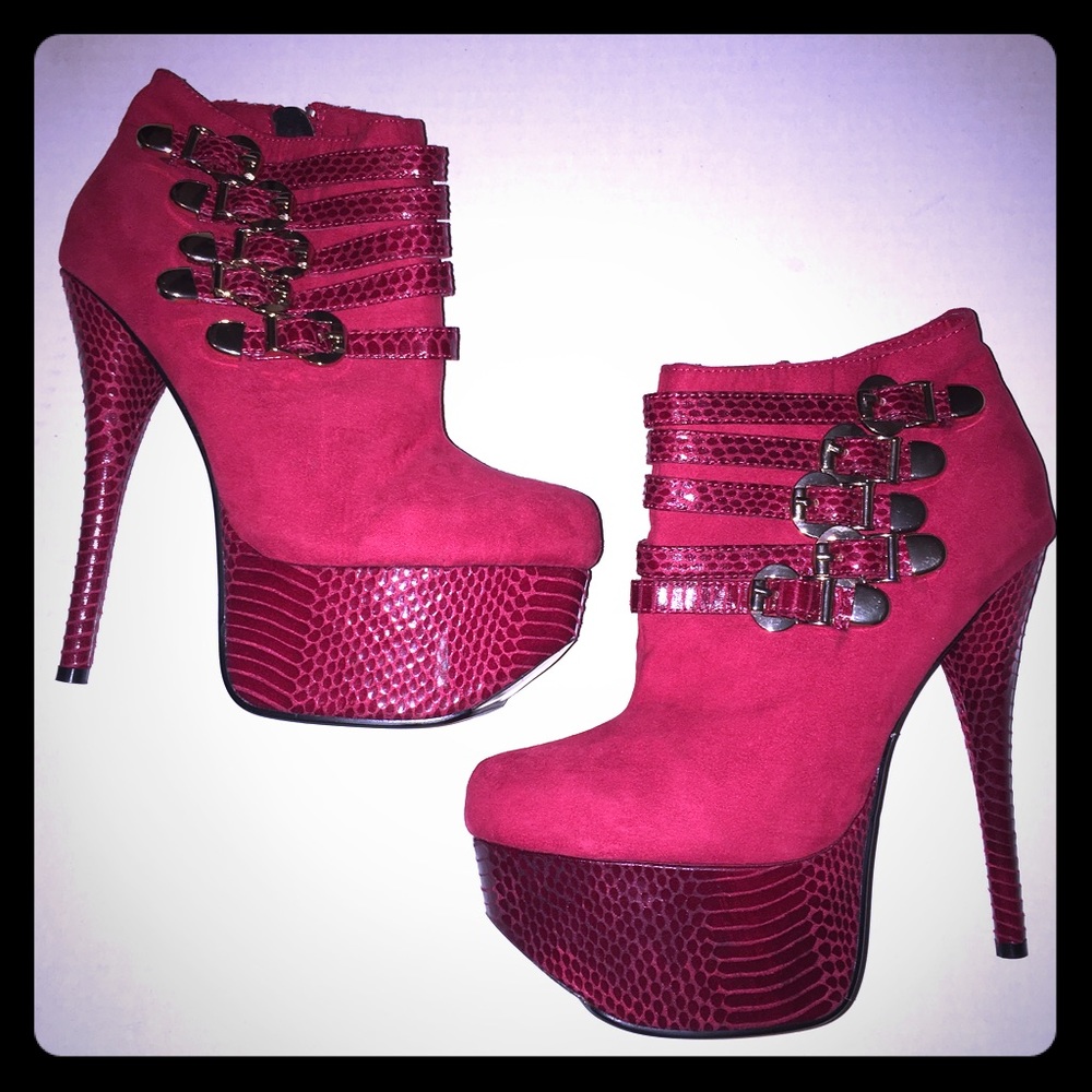 Red platform high heel booties