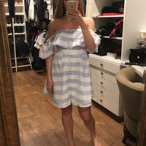 Strapless Bardot Stripe Mini Dress Button Front