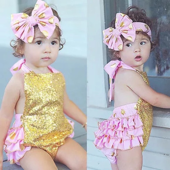 Boutique Baby Pink Gold Sequin Romper - Picture 2 of 6