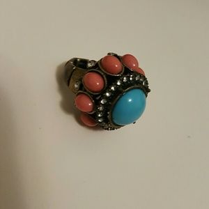 Turquoise and pink beaded ring