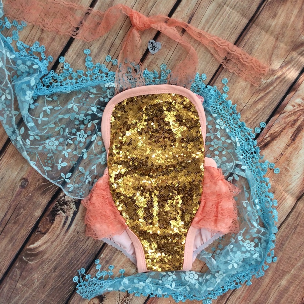 Boutique Baby Girl Gold Sequin & Peach Romper