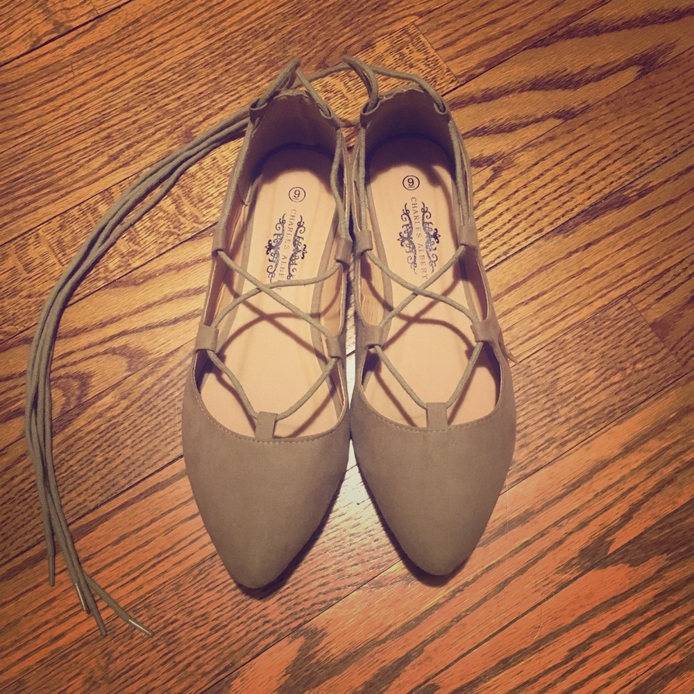 Francesca's Lace Up Suede Flats in Nude/Beige