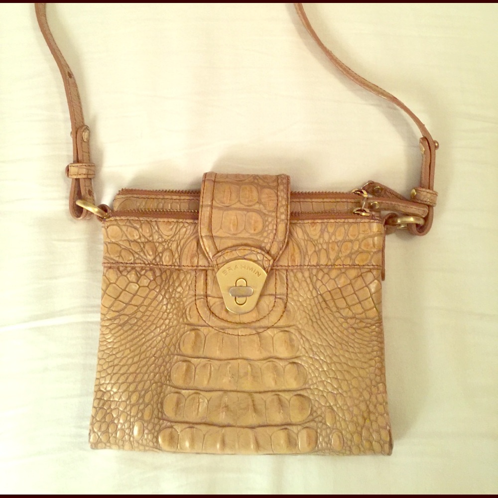 Brahmin tan croc leather crossbody bag