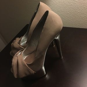 Platform peep toe pumps, tan with gun metal heel.