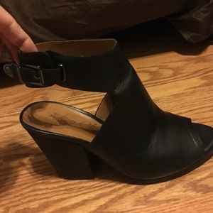 Genuine leather black block heels