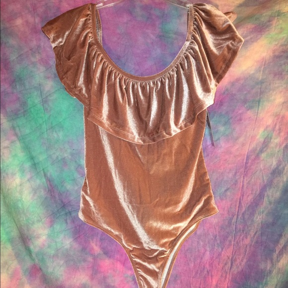 Mauve velvet off shoulder ruffle bodysuit swimsuit - Picture 2 of 6