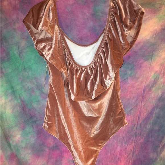 Mauve velvet off shoulder ruffle bodysuit swimsuit - Picture 3 of 6