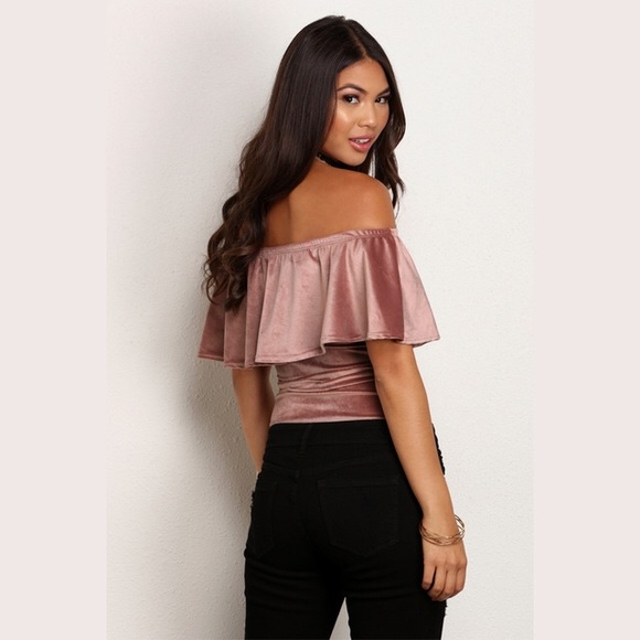 Mauve velvet off shoulder ruffle bodysuit swimsuit - Picture 5 of 6