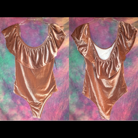 Mauve velvet off shoulder ruffle bodysuit swimsuit - Picture 6 of 6