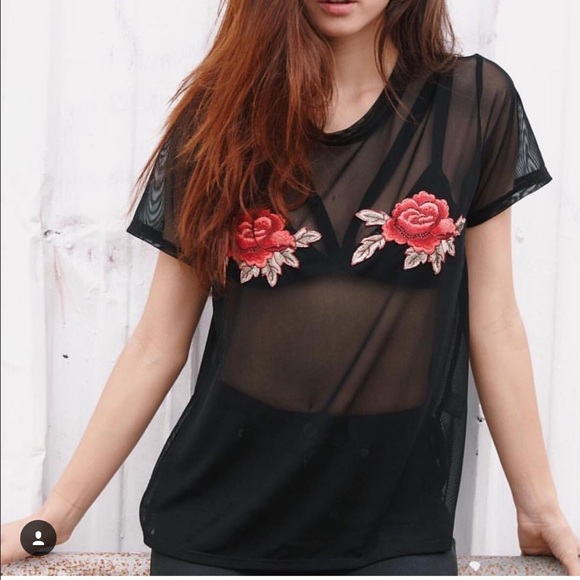 rose embroidered mesh top