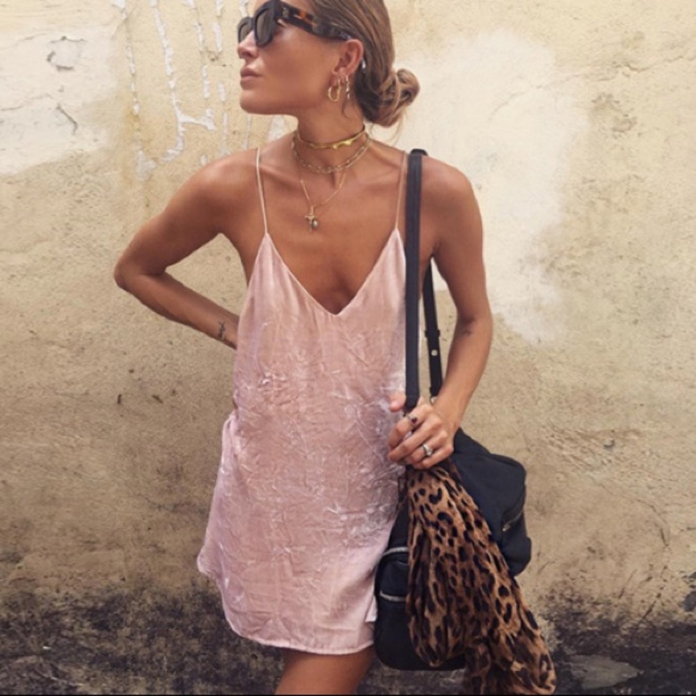 baby pink crushed velvet slip dress