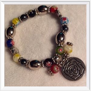 (NEW) Sterling Silver Rose Charm Stretch Bracelet