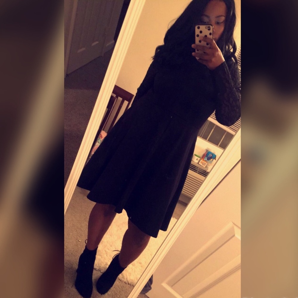 Black A-line dress with lace sleeves