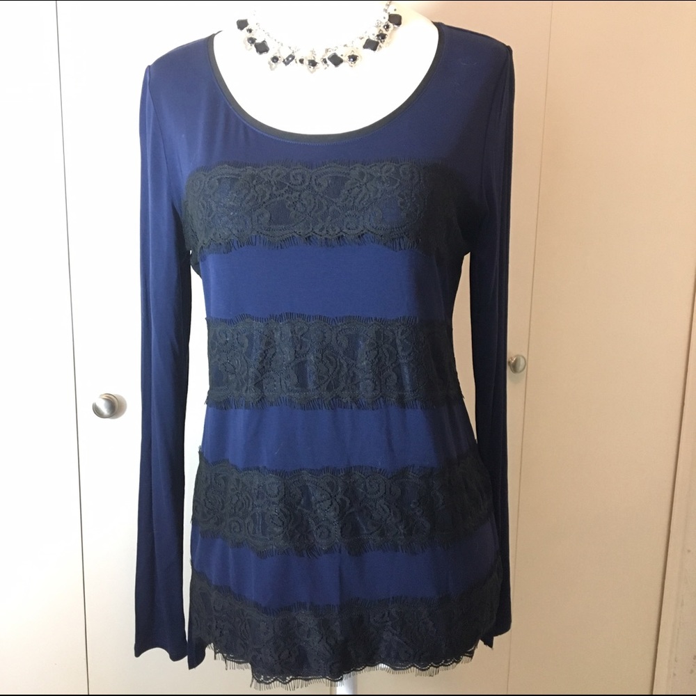 White House Black Market Navy and Black Lace Top
