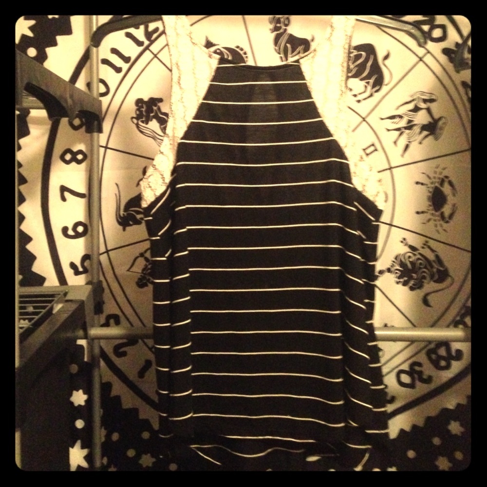 Lace accented Black & Ivory Striped Muscle Tank