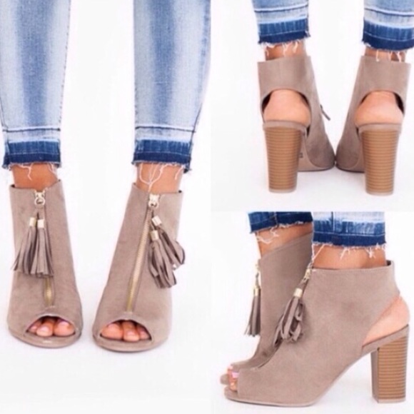 Suede Peep Toe Tasseled Chunky Heel Booties - Picture 3 of 4