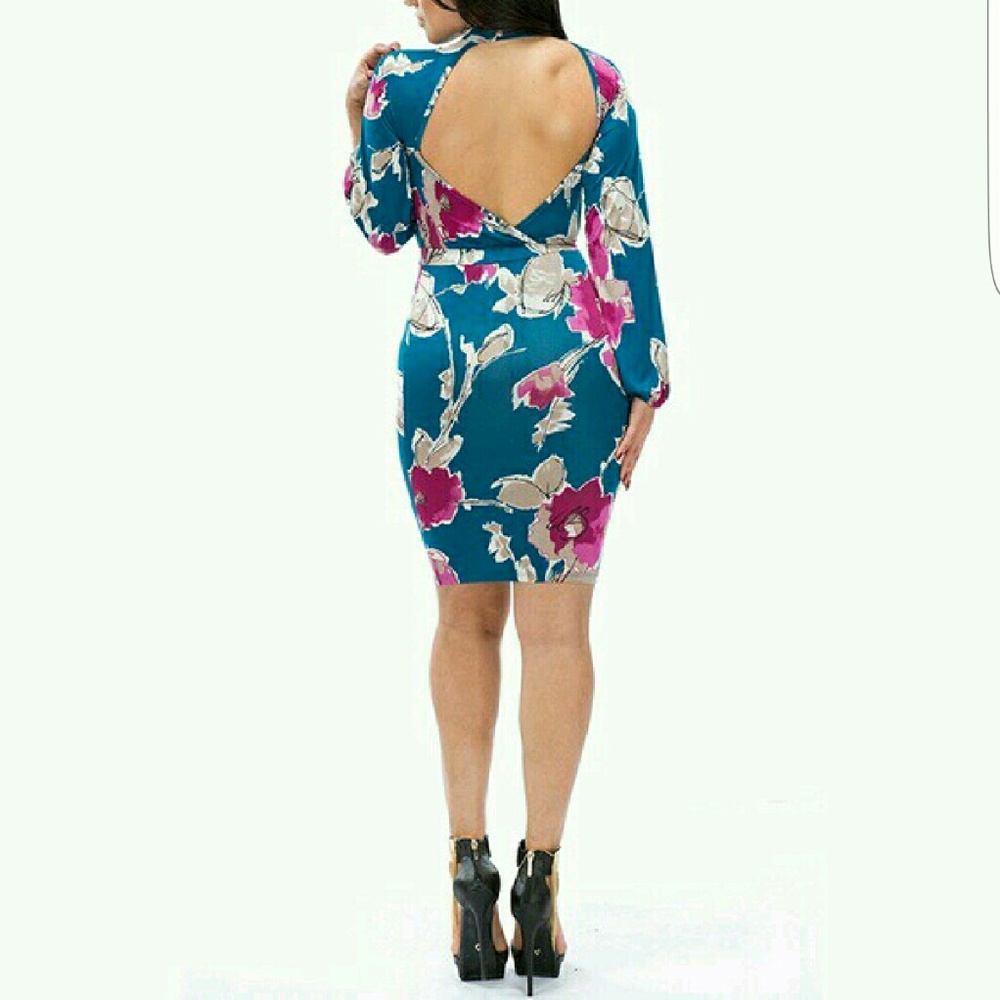 π BLUE & FUSCHIA FLORAL HALTER DRESS - Picture 3 of 6