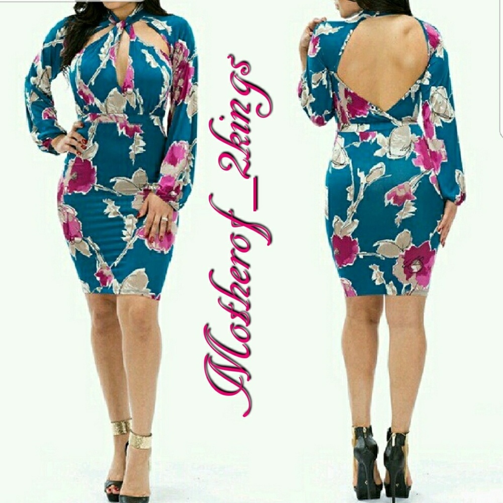 π BLUE & FUSCHIA FLORAL HALTER DRESS - Picture 1 of 6