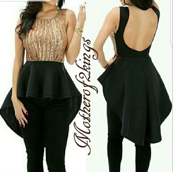 Tops - 🔥LAST ONE🔥GOLD SEQUINS & BLACK HI-LO PEPLUM