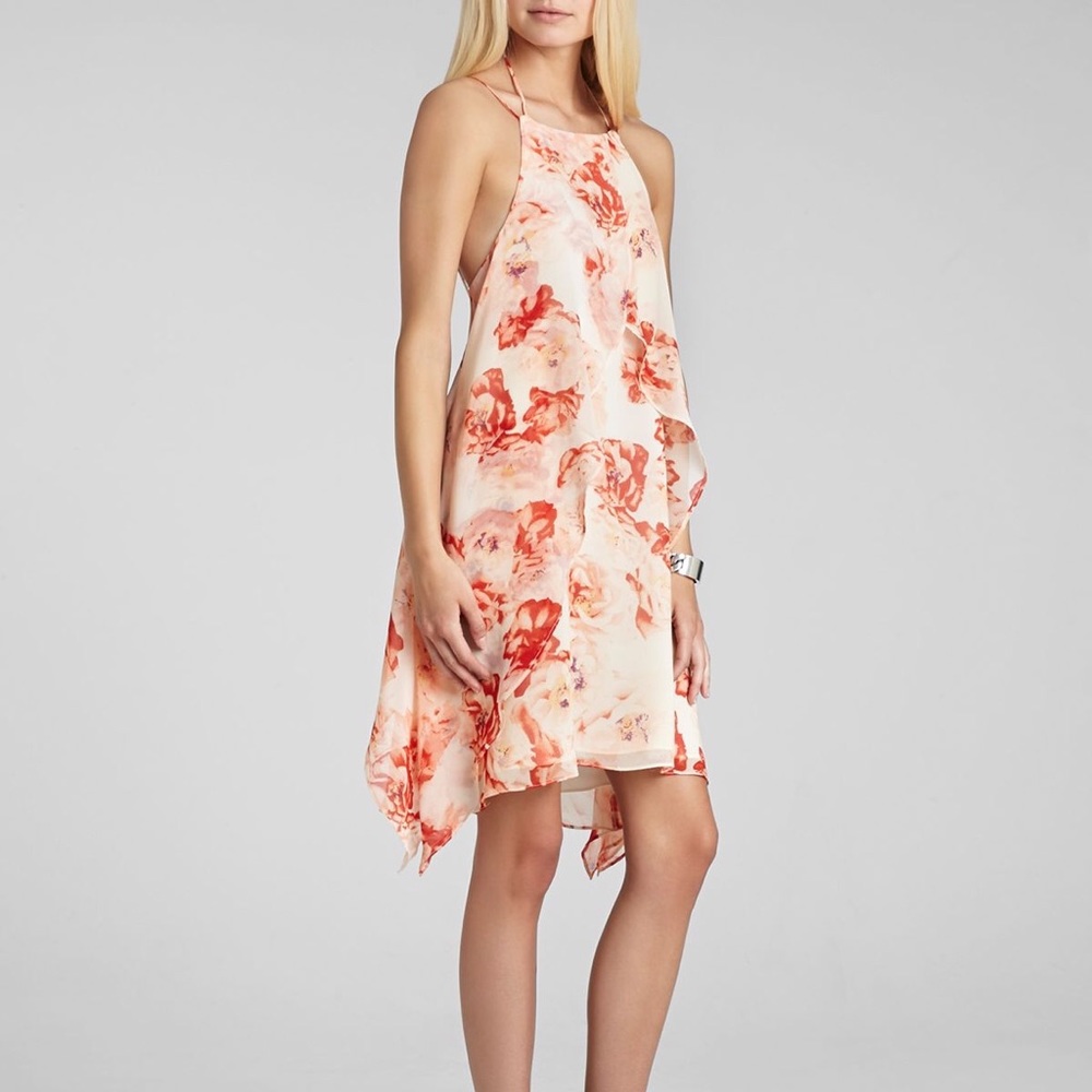 BCBGeneration Red Pink Ruffle Floral Halter Dress