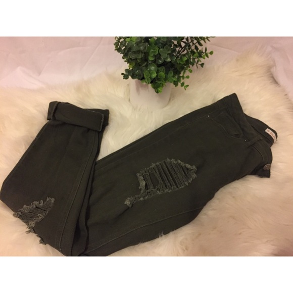 Pants - Dark green ripped skinny jeans