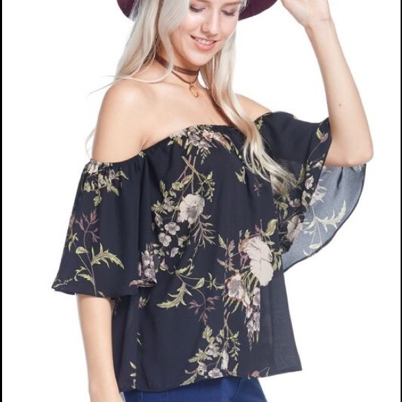 Off Shoulder Floral Top - Black - Picture 2 of 2