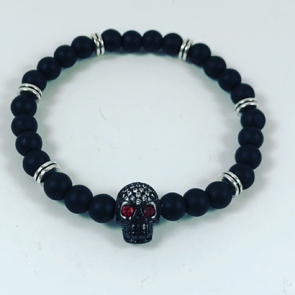 Women onyx & black rhodium cz skull bracelet - Picture 3 of 7