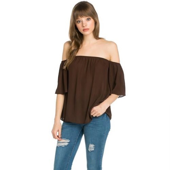 Off Shoulder Flounce Top - Brown - Picture 1 of 2