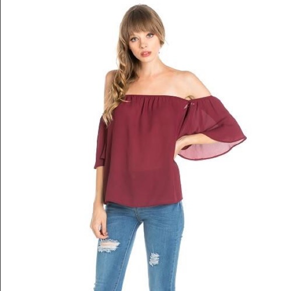 Off Shoulder Flounce Top Burgundy - Picture 1 of 2