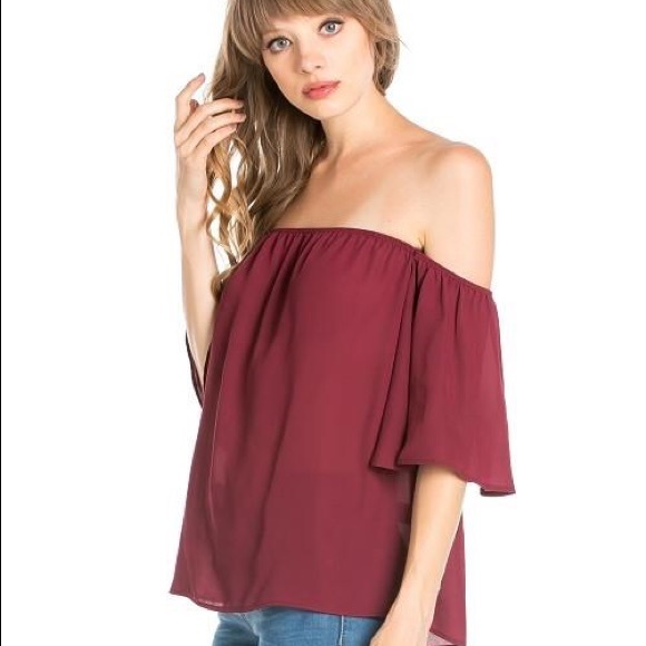 Off Shoulder Flounce Top Burgundy - Picture 2 of 2