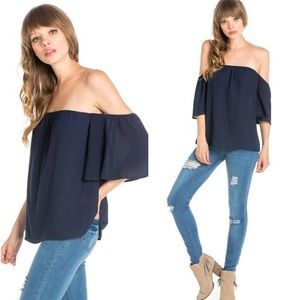 Off Shoulder Flounce Top Navy