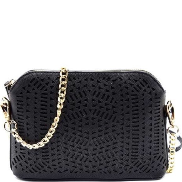 Laser Cut Gold Chain Cross Body Bag - Black - Picture 1 of 1