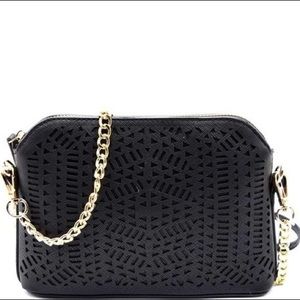 Laser Cut Gold Chain Cross Body Bag - Black